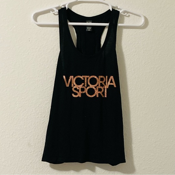 Victoria's Secret Tops - Victoria’s Secret Sport Black Open Tank Top Rose Gold Sz L